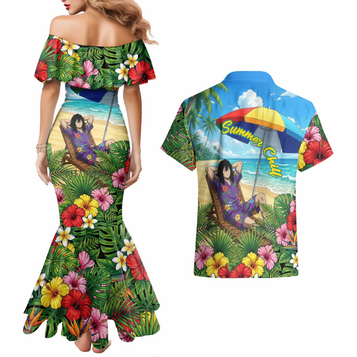 Shouta Aizawa Summer Chill Couples Matching Mermaid Dress and Hawaiian Shirt Tropical Anime Relaxation Vibes