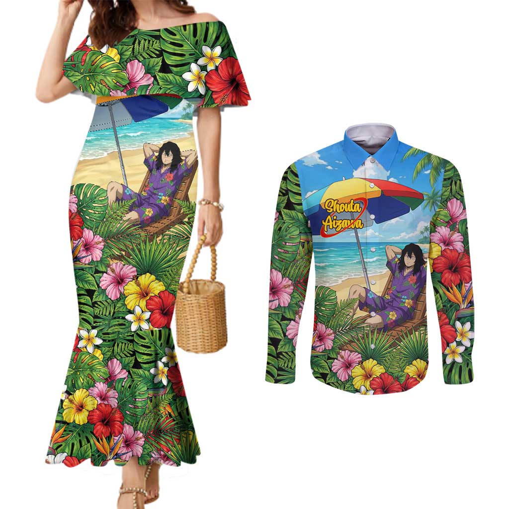 Shouta Aizawa Summer Chill Couples Matching Mermaid Dress and Long Sleeve Button Shirt Tropical Anime Relaxation Vibes