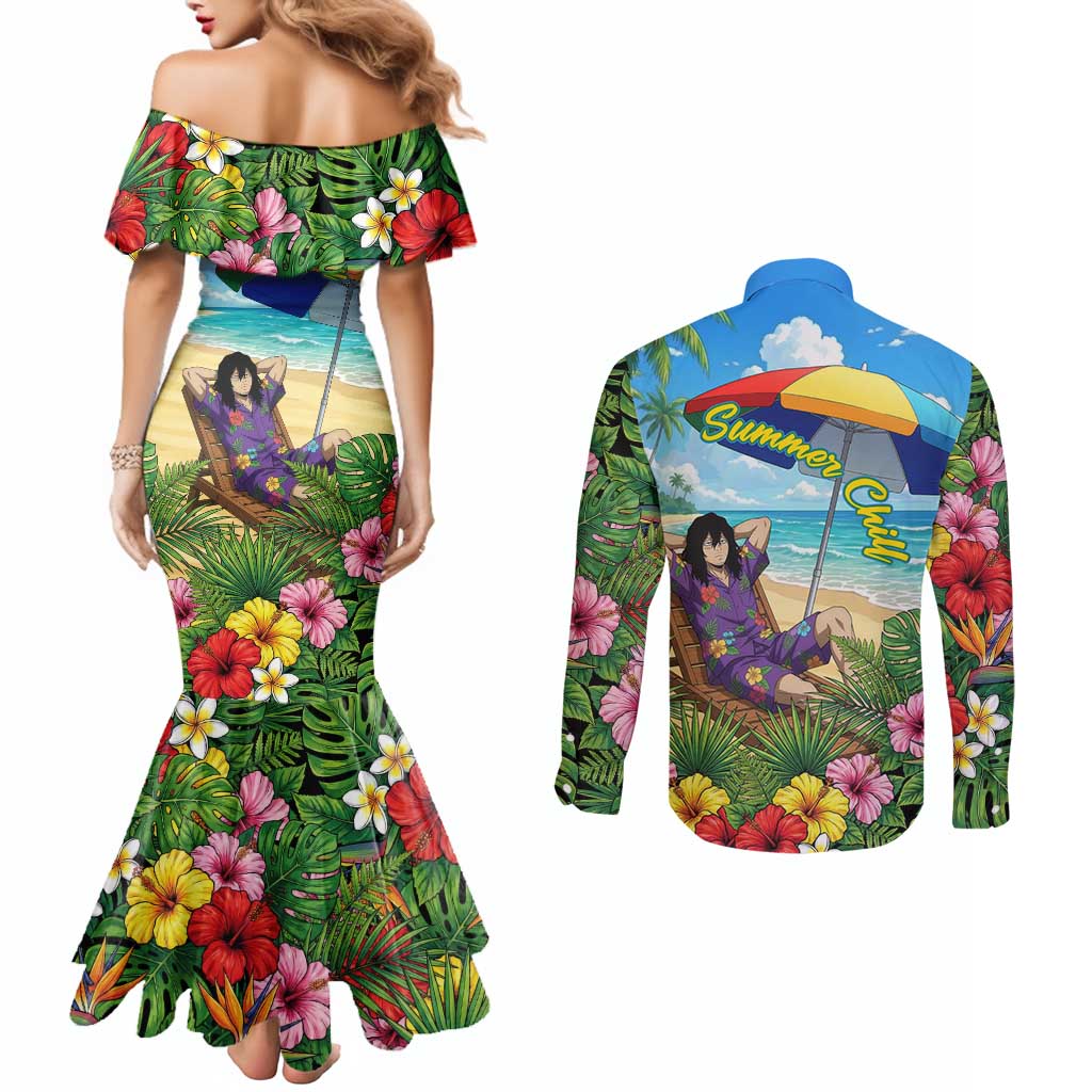 Shouta Aizawa Summer Chill Couples Matching Mermaid Dress and Long Sleeve Button Shirt Tropical Anime Relaxation Vibes
