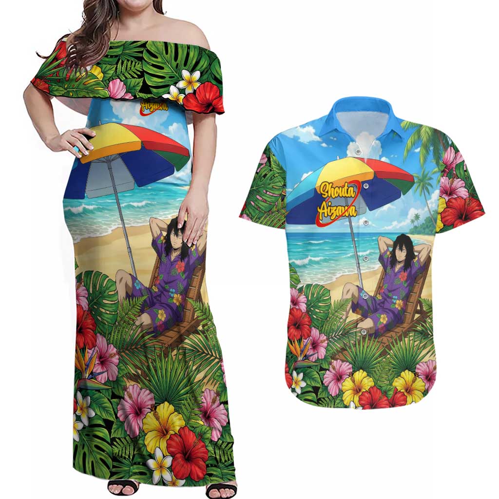 Shouta Aizawa Summer Chill Couples Matching Off Shoulder Maxi Dress and Hawaiian Shirt Tropical Anime Relaxation Vibes
