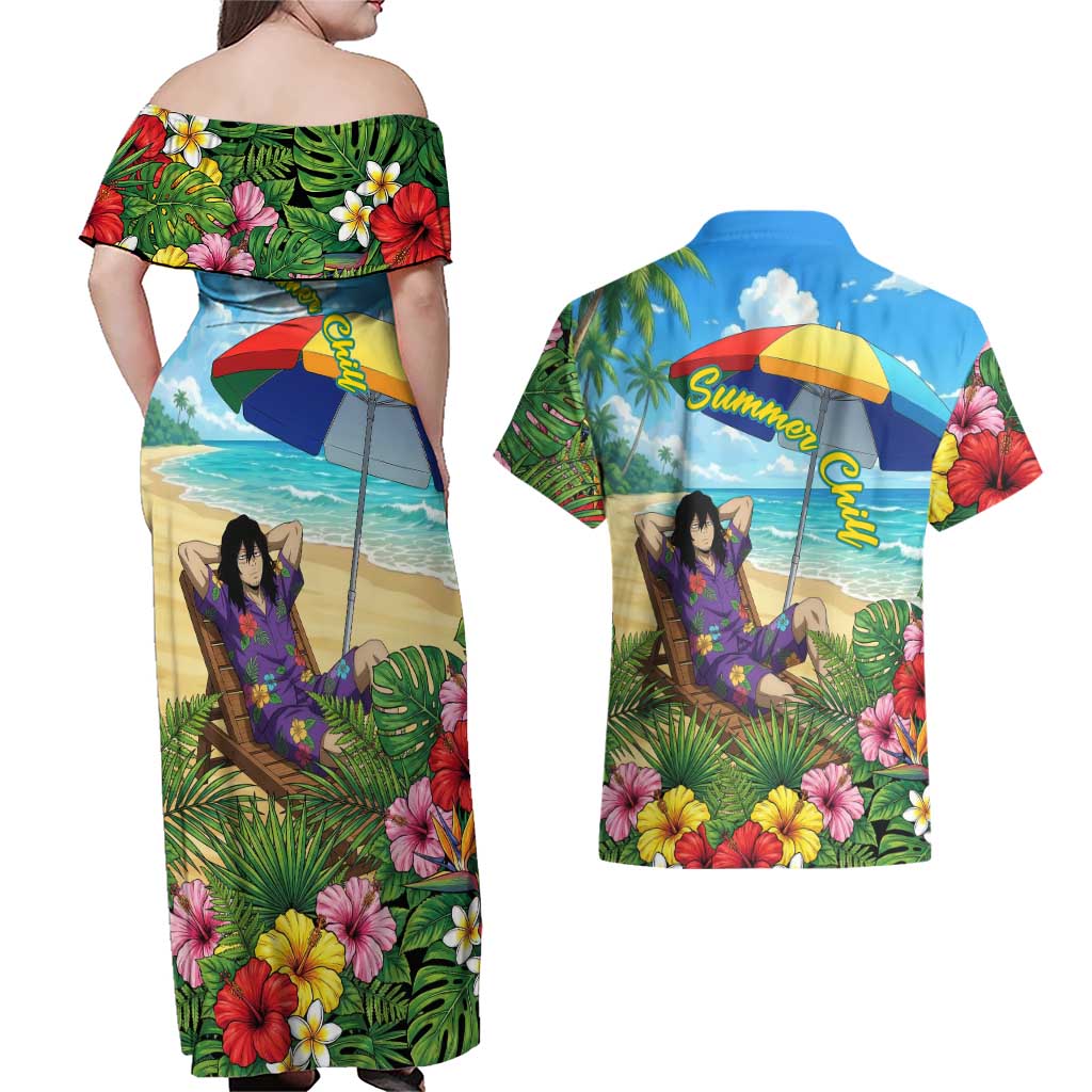 Shouta Aizawa Summer Chill Couples Matching Off Shoulder Maxi Dress and Hawaiian Shirt Tropical Anime Relaxation Vibes