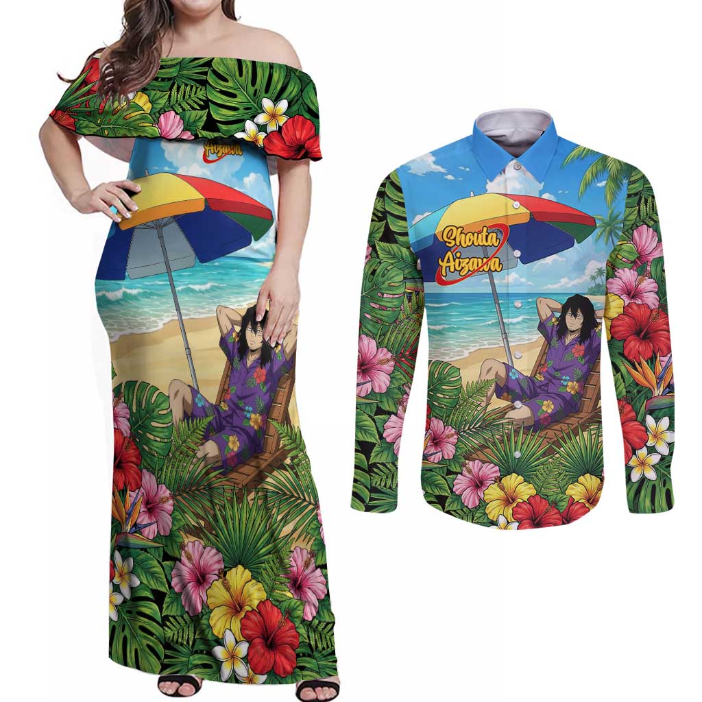 Shouta Aizawa Summer Chill Couples Matching Off Shoulder Maxi Dress and Long Sleeve Button Shirt Tropical Anime Relaxation Vibes