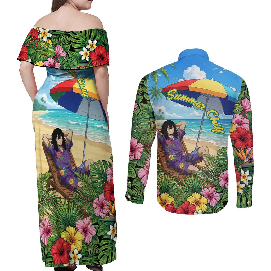 Shouta Aizawa Summer Chill Couples Matching Off Shoulder Maxi Dress and Long Sleeve Button Shirt Tropical Anime Relaxation Vibes