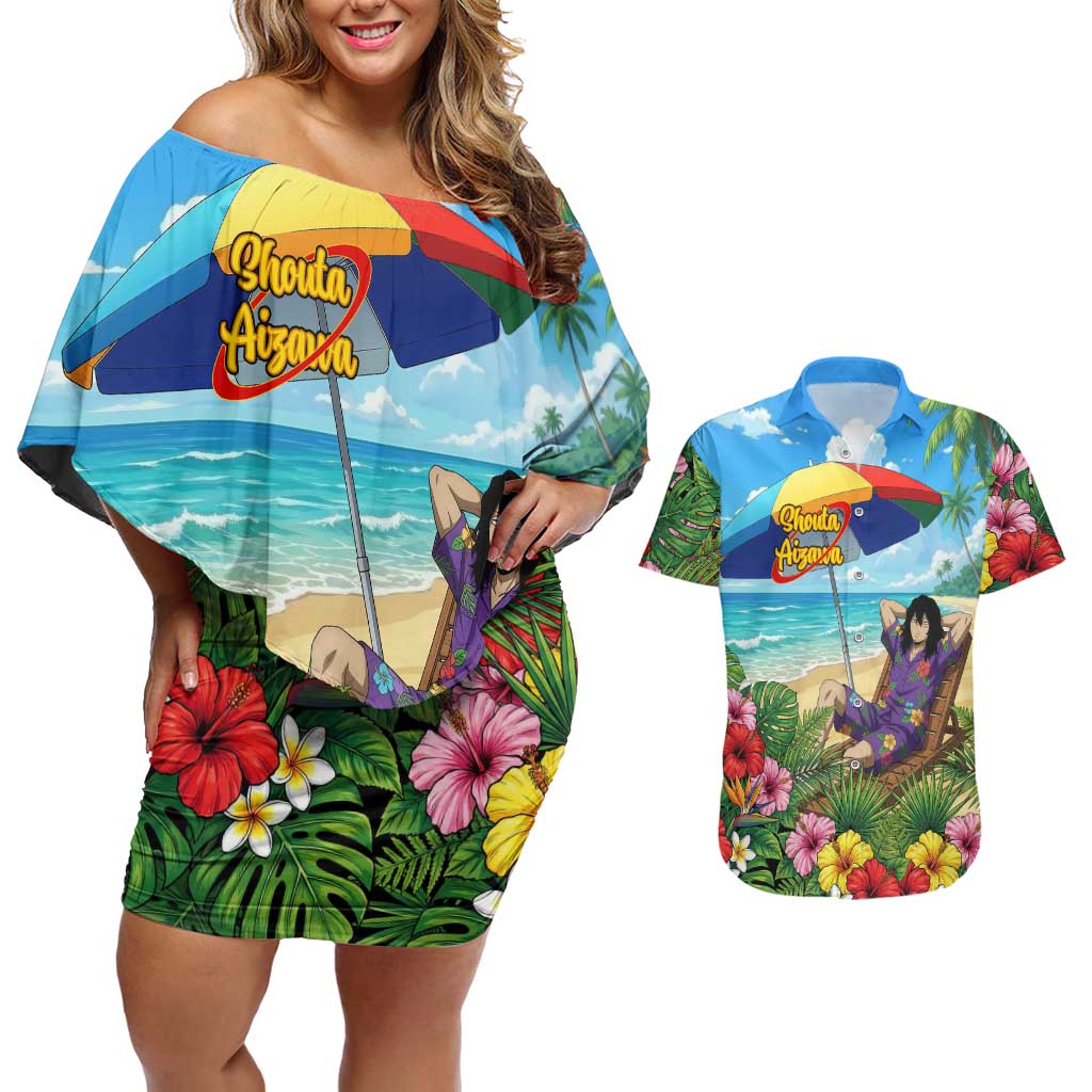 Shouta Aizawa Summer Chill Couples Matching Off Shoulder Short Dress and Hawaiian Shirt Tropical Anime Relaxation Vibes