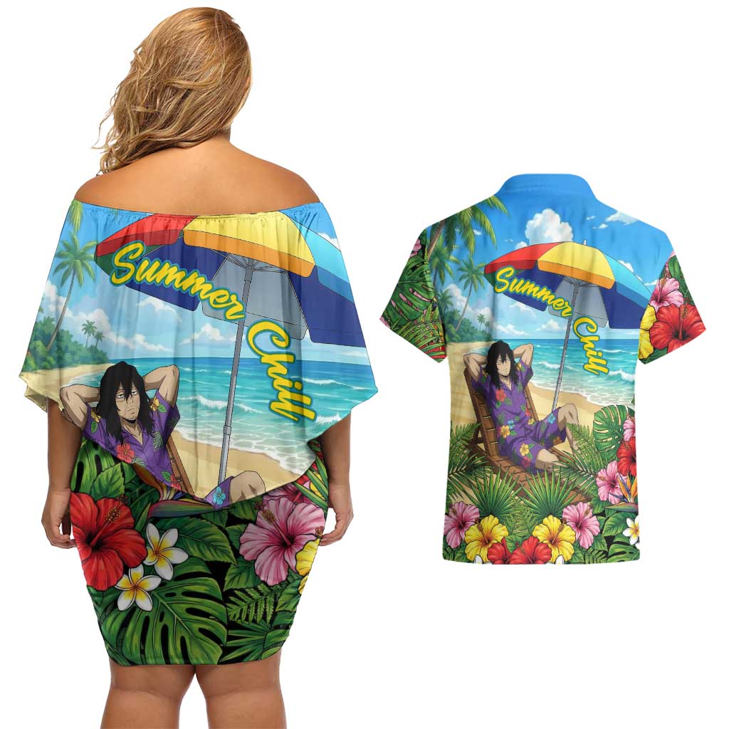 Shouta Aizawa Summer Chill Couples Matching Off Shoulder Short Dress and Hawaiian Shirt Tropical Anime Relaxation Vibes