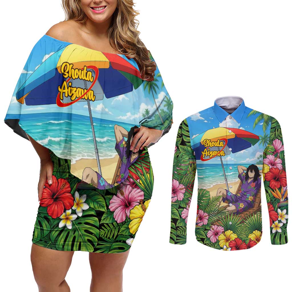 Shouta Aizawa Summer Chill Couples Matching Off Shoulder Short Dress and Long Sleeve Button Shirt Tropical Anime Relaxation Vibes