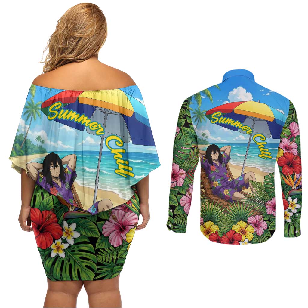 Shouta Aizawa Summer Chill Couples Matching Off Shoulder Short Dress and Long Sleeve Button Shirt Tropical Anime Relaxation Vibes