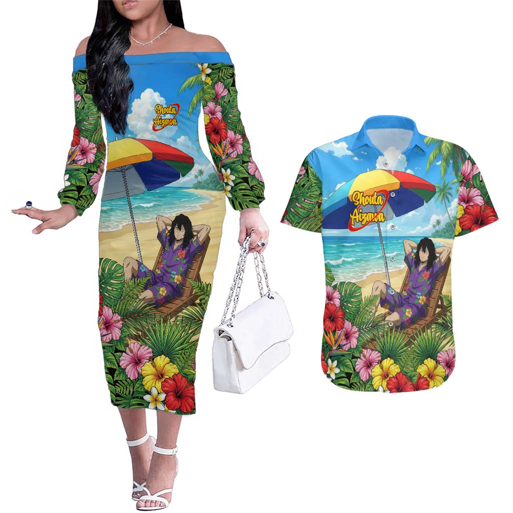 Shouta Aizawa Summer Chill Couples Matching Off The Shoulder Long Sleeve Dress and Hawaiian Shirt Tropical Anime Relaxation Vibes