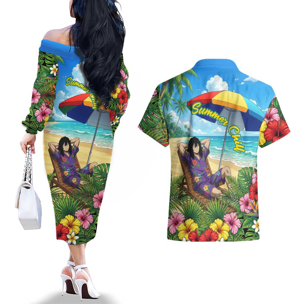 Shouta Aizawa Summer Chill Couples Matching Off The Shoulder Long Sleeve Dress and Hawaiian Shirt Tropical Anime Relaxation Vibes