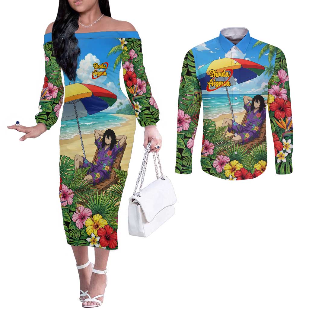 Shouta Aizawa Summer Chill Couples Matching Off The Shoulder Long Sleeve Dress and Long Sleeve Button Shirt Tropical Anime Relaxation Vibes