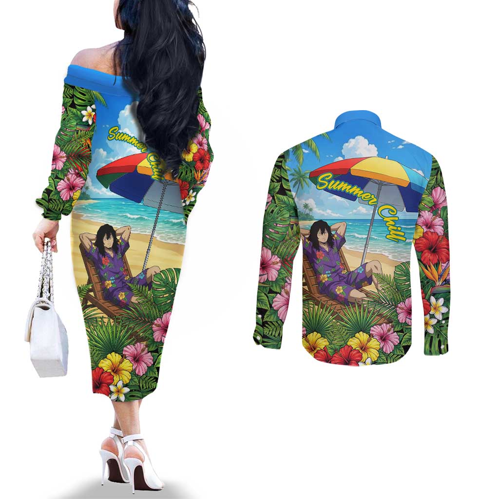 Shouta Aizawa Summer Chill Couples Matching Off The Shoulder Long Sleeve Dress and Long Sleeve Button Shirt Tropical Anime Relaxation Vibes
