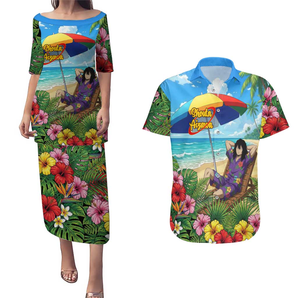 Shouta Aizawa Summer Chill Couples Matching Puletasi and Hawaiian Shirt Tropical Anime Relaxation Vibes