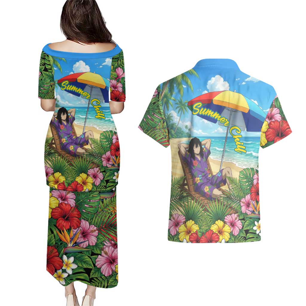 Shouta Aizawa Summer Chill Couples Matching Puletasi and Hawaiian Shirt Tropical Anime Relaxation Vibes