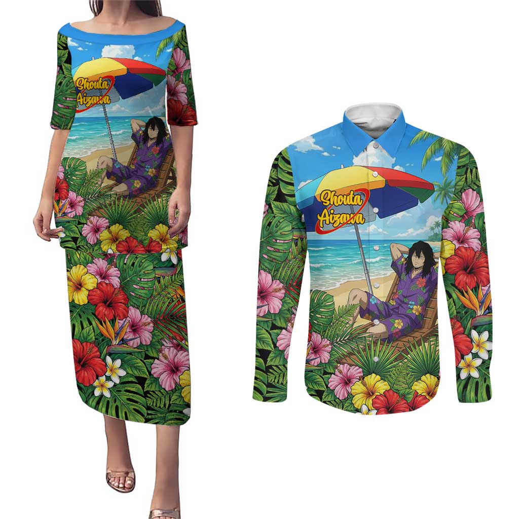 Shouta Aizawa Summer Chill Couples Matching Puletasi and Long Sleeve Button Shirt Tropical Anime Relaxation Vibes