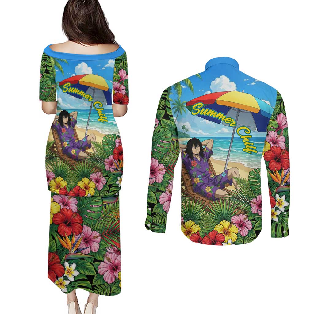 Shouta Aizawa Summer Chill Couples Matching Puletasi and Long Sleeve Button Shirt Tropical Anime Relaxation Vibes