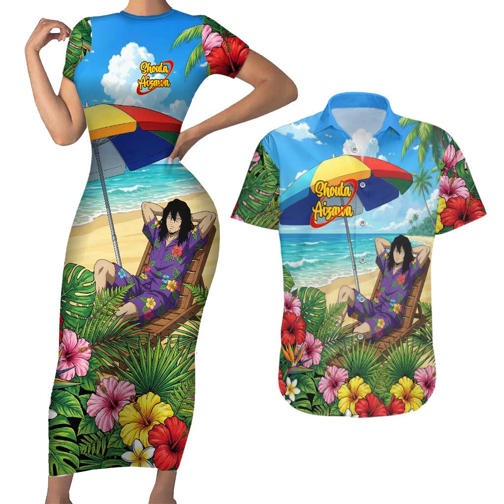 Shouta Aizawa Summer Chill Couples Matching Short Sleeve Bodycon Dress and Hawaiian Shirt Tropical Anime Relaxation Vibes