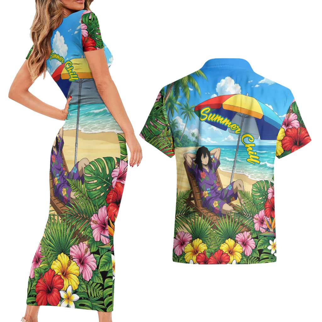 Shouta Aizawa Summer Chill Couples Matching Short Sleeve Bodycon Dress and Hawaiian Shirt Tropical Anime Relaxation Vibes