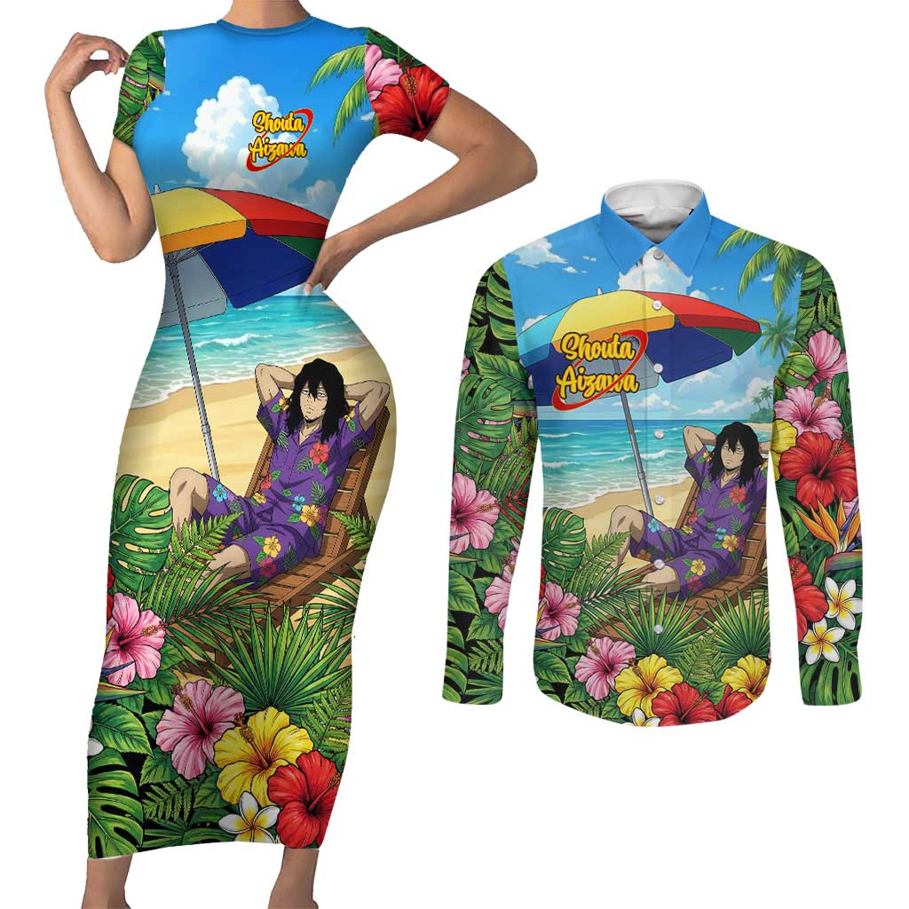 Shouta Aizawa Summer Chill Couples Matching Short Sleeve Bodycon Dress and Long Sleeve Button Shirt Tropical Anime Relaxation Vibes