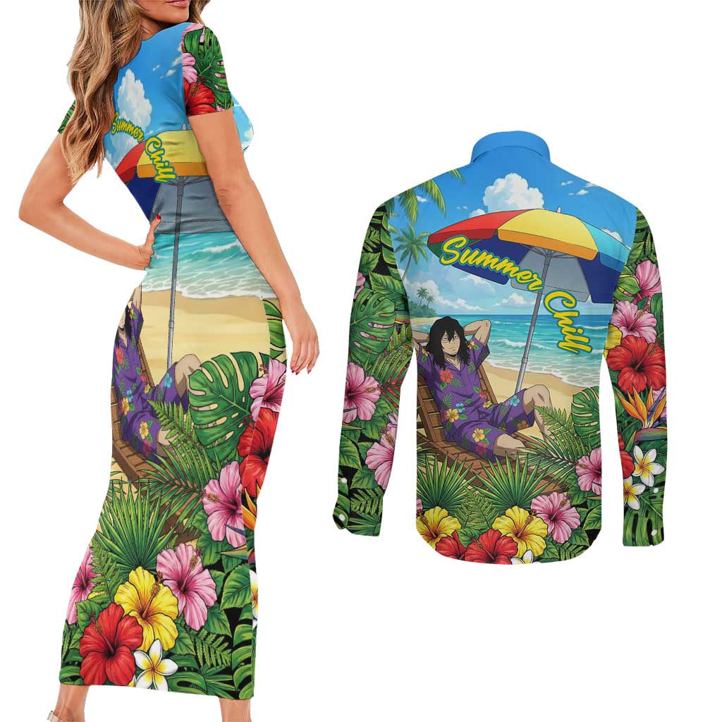 Shouta Aizawa Summer Chill Couples Matching Short Sleeve Bodycon Dress and Long Sleeve Button Shirt Tropical Anime Relaxation Vibes