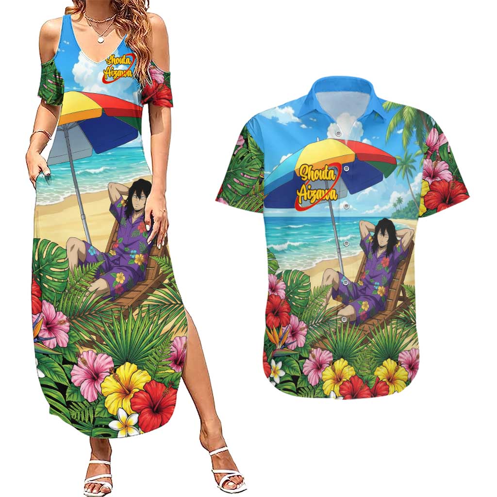Shouta Aizawa Summer Chill Couples Matching Summer Maxi Dress and Hawaiian Shirt Tropical Anime Relaxation Vibes