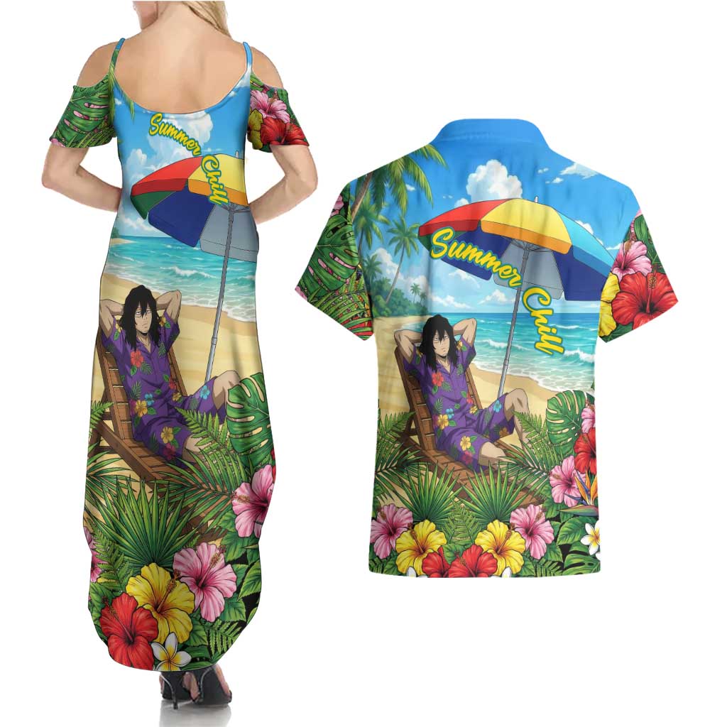 Shouta Aizawa Summer Chill Couples Matching Summer Maxi Dress and Hawaiian Shirt Tropical Anime Relaxation Vibes