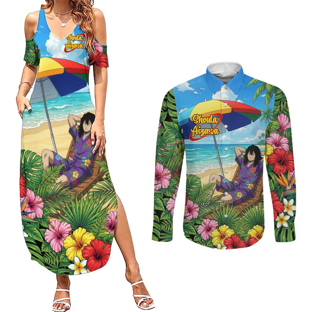 Shouta Aizawa Summer Chill Couples Matching Summer Maxi Dress and Long Sleeve Button Shirt Tropical Anime Relaxation Vibes