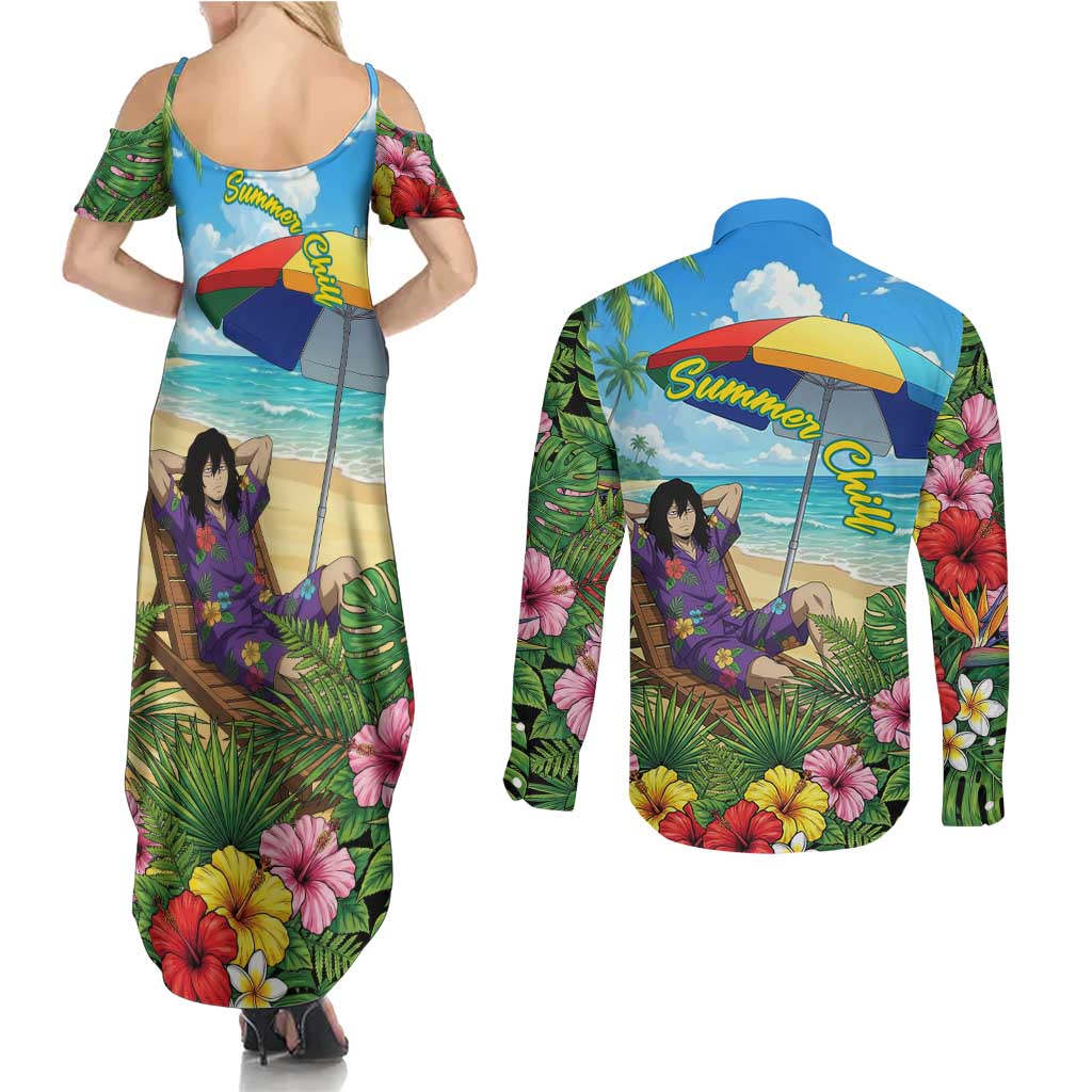 Shouta Aizawa Summer Chill Couples Matching Summer Maxi Dress and Long Sleeve Button Shirt Tropical Anime Relaxation Vibes