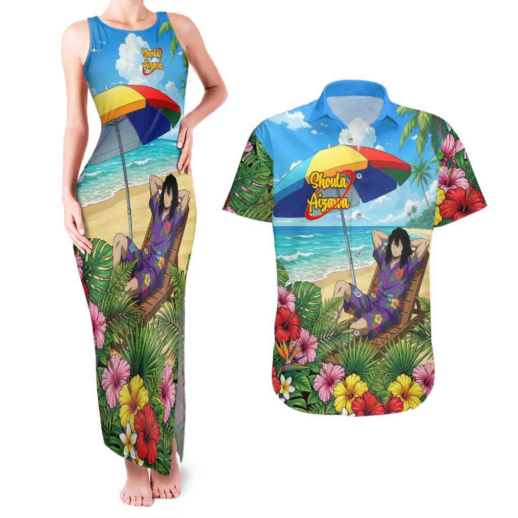 Shouta Aizawa Summer Chill Couples Matching Tank Maxi Dress and Hawaiian Shirt Tropical Anime Relaxation Vibes
