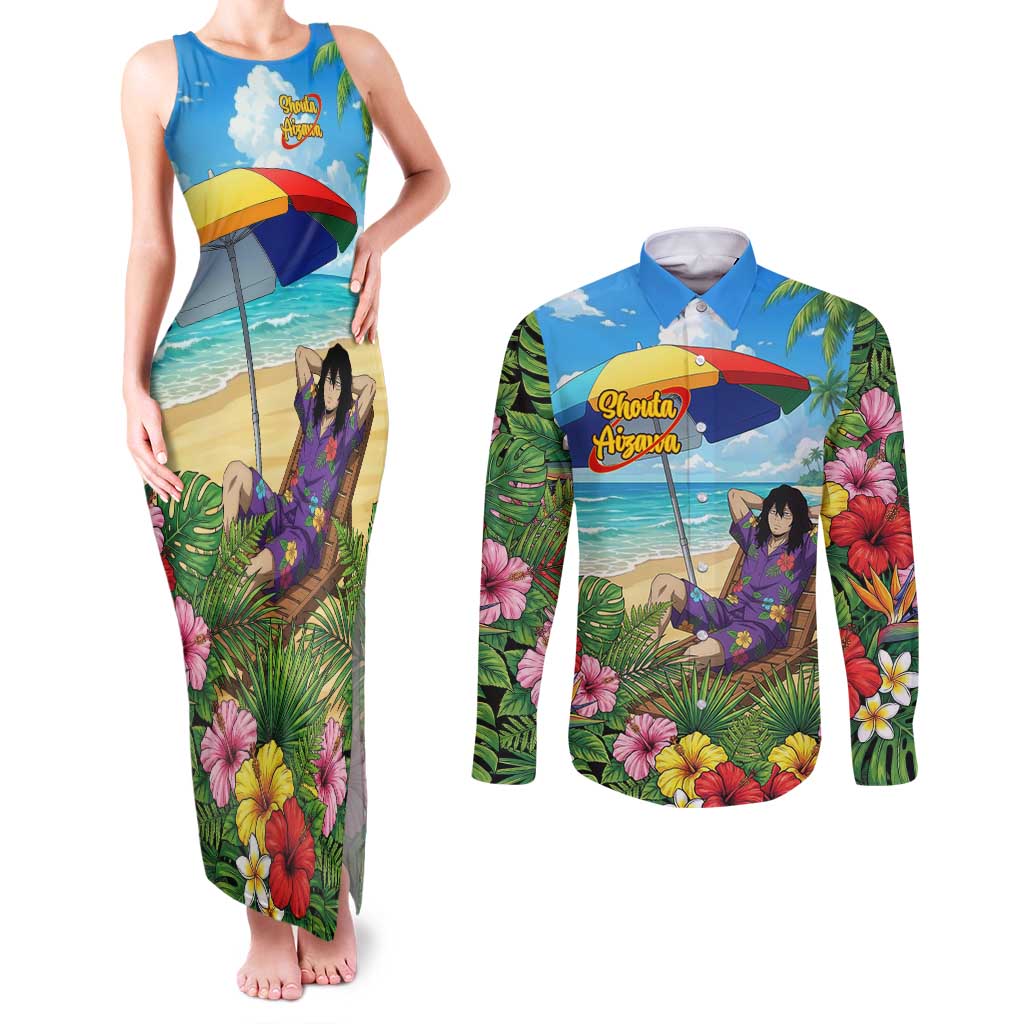 Shouta Aizawa Summer Chill Couples Matching Tank Maxi Dress and Long Sleeve Button Shirt Tropical Anime Relaxation Vibes