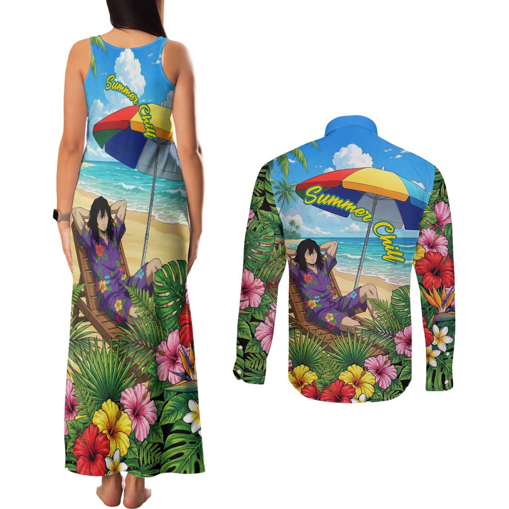 Shouta Aizawa Summer Chill Couples Matching Tank Maxi Dress and Long Sleeve Button Shirt Tropical Anime Relaxation Vibes
