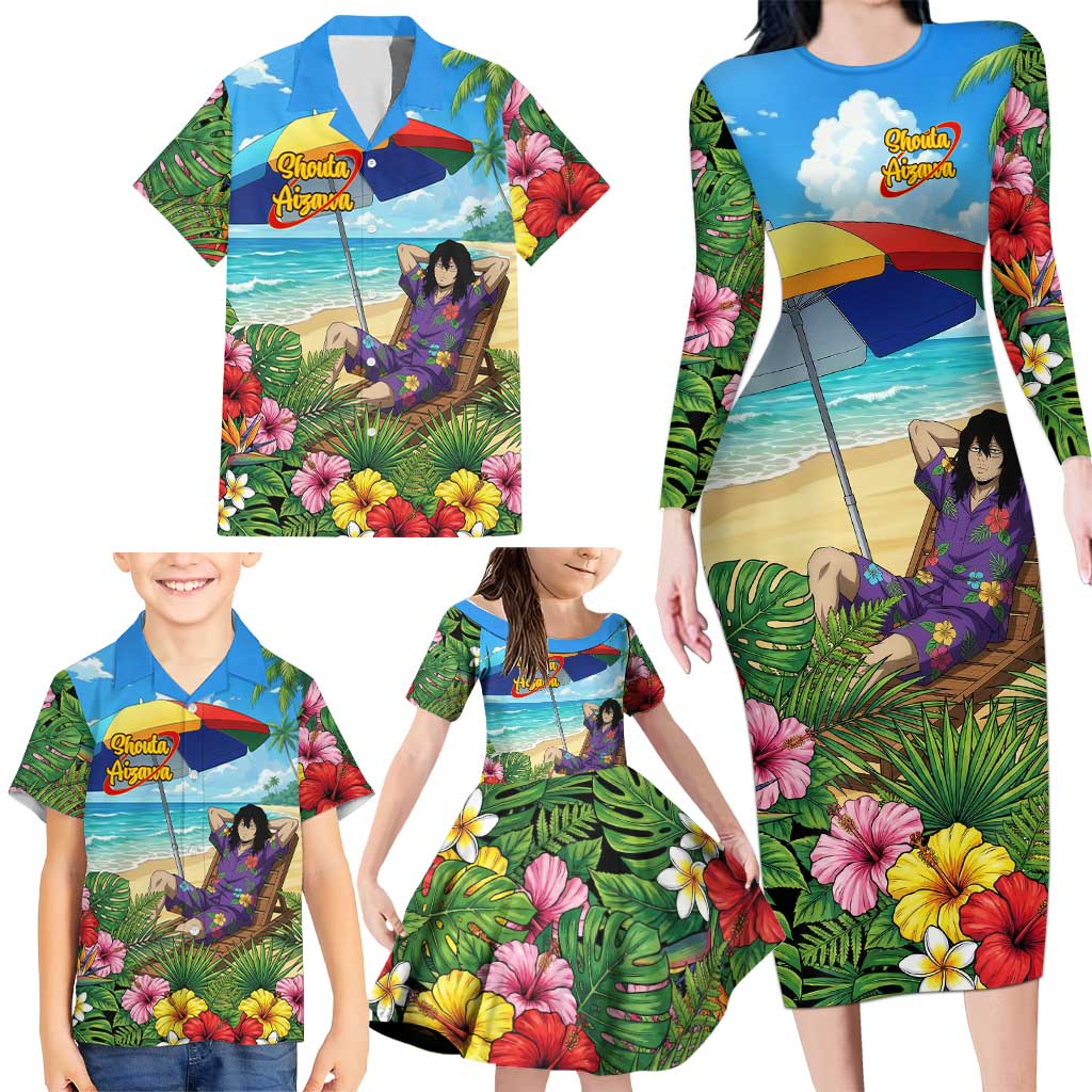 Shouta Aizawa Summer Chill Family Matching Long Sleeve Bodycon Dress and Hawaiian Shirt Tropical Anime Relaxation Vibes