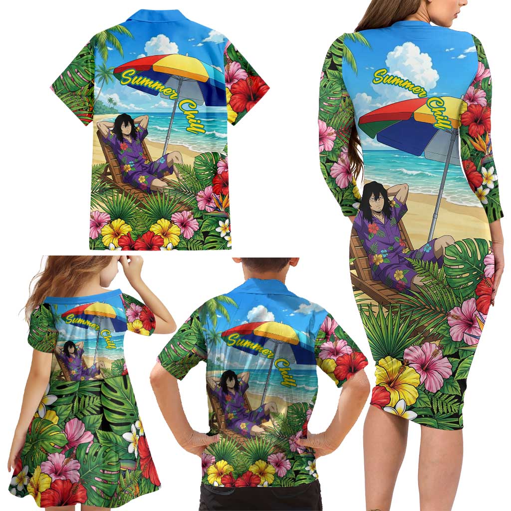 Shouta Aizawa Summer Chill Family Matching Long Sleeve Bodycon Dress and Hawaiian Shirt Tropical Anime Relaxation Vibes