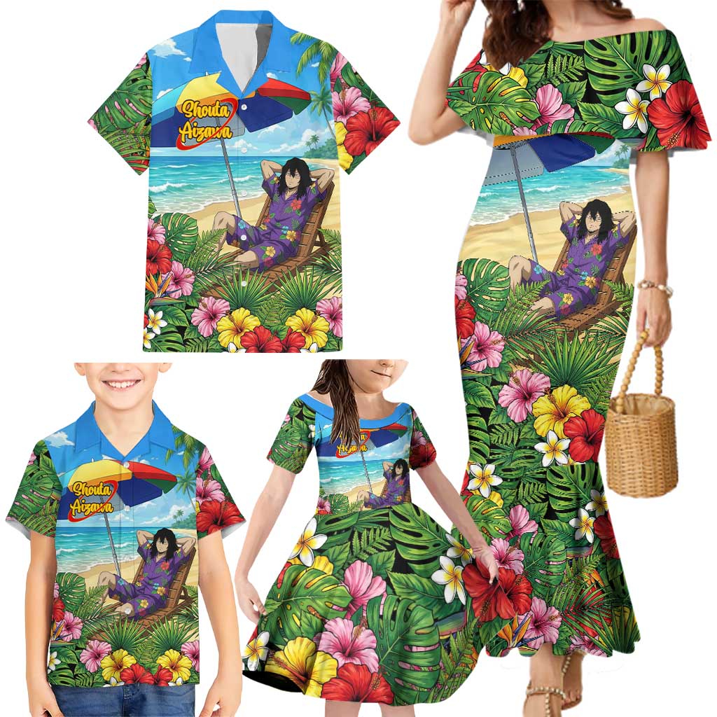 Shouta Aizawa Summer Chill Family Matching Mermaid Dress and Hawaiian Shirt Tropical Anime Relaxation Vibes
