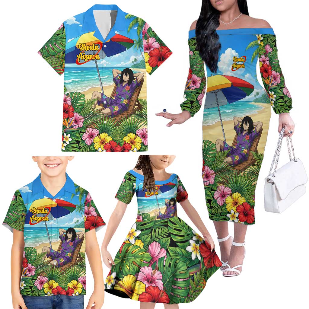 Shouta Aizawa Summer Chill Family Matching Off The Shoulder Long Sleeve Dress and Hawaiian Shirt Tropical Anime Relaxation Vibes