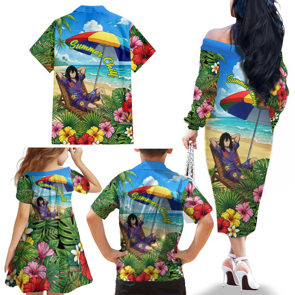 Shouta Aizawa Summer Chill Family Matching Off The Shoulder Long Sleeve Dress and Hawaiian Shirt Tropical Anime Relaxation Vibes