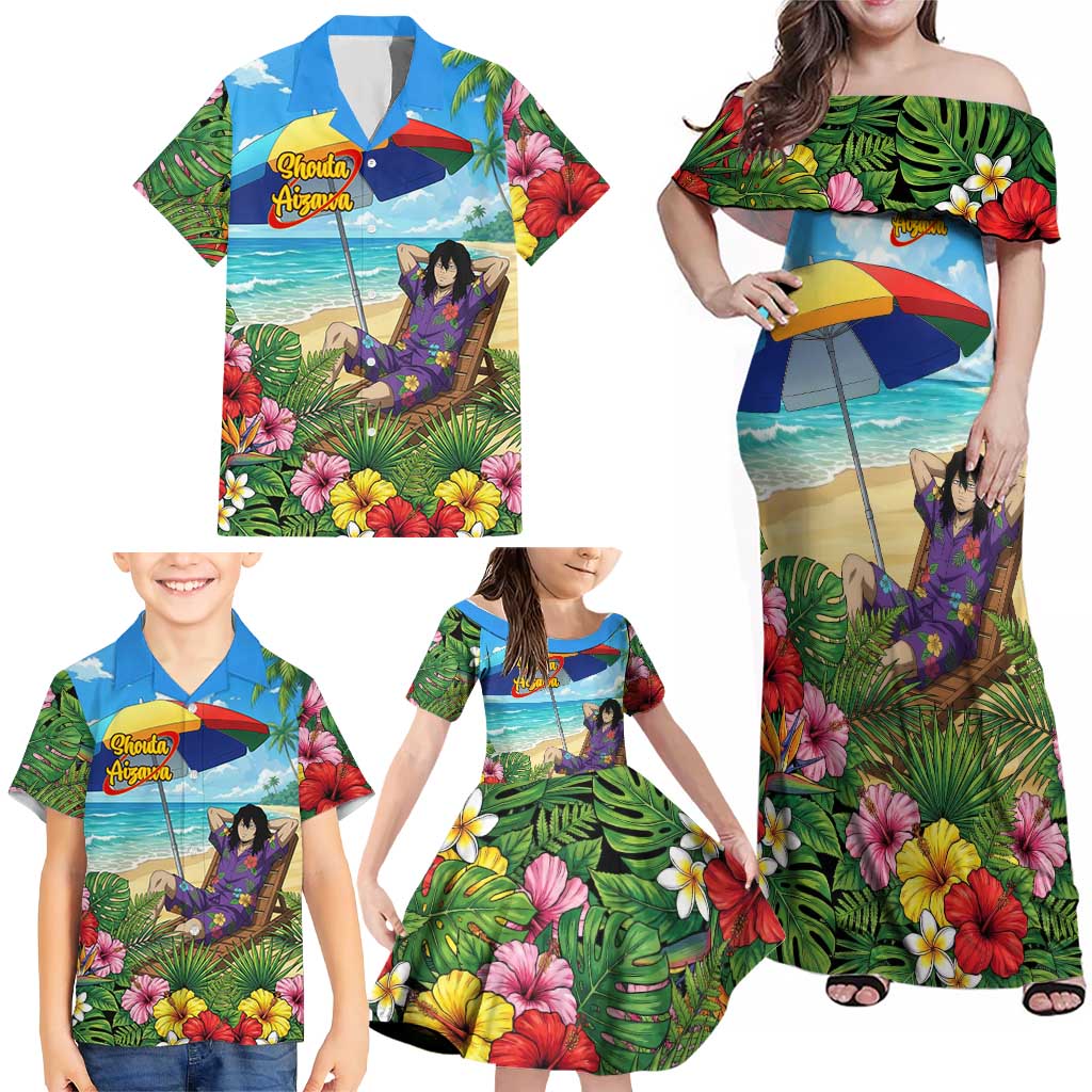 Shouta Aizawa Summer Chill Family Matching Off Shoulder Maxi Dress and Hawaiian Shirt Tropical Anime Relaxation Vibes