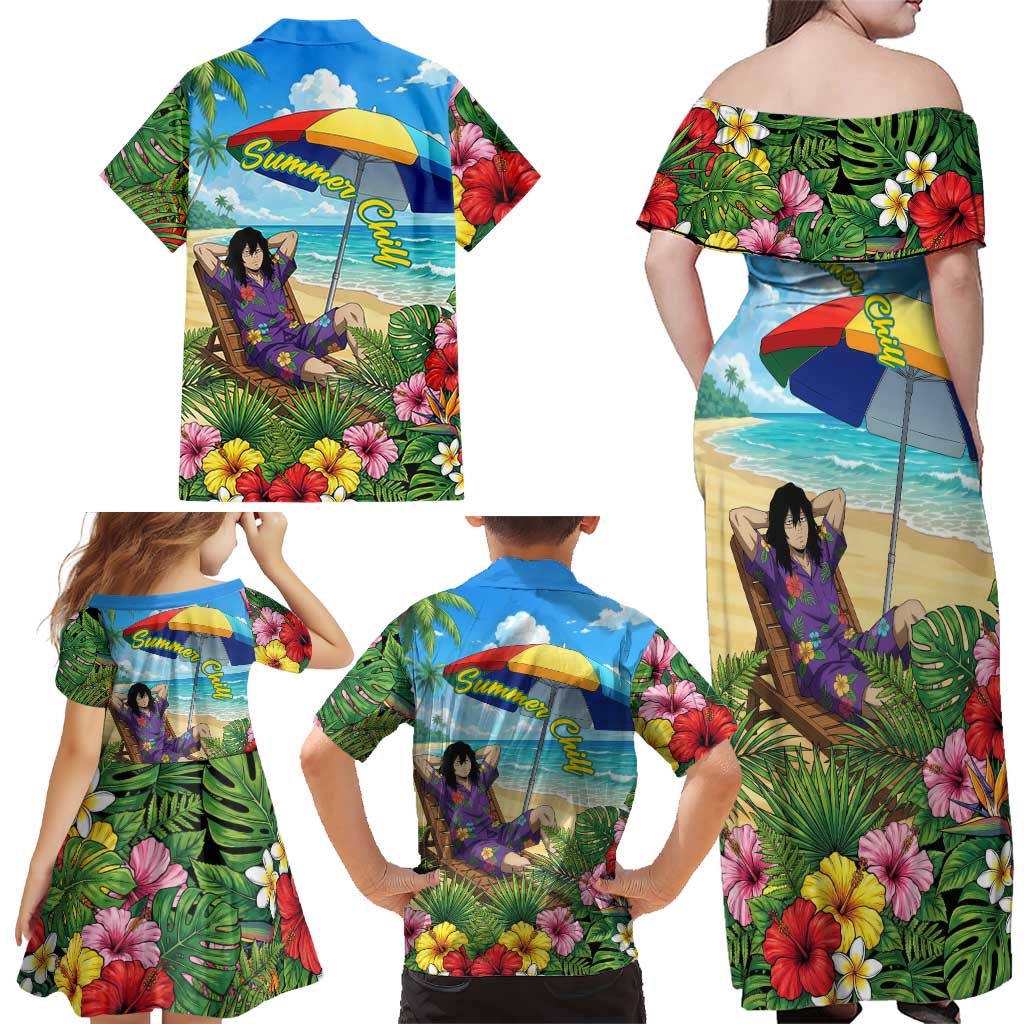 Shouta Aizawa Summer Chill Family Matching Off Shoulder Maxi Dress and Hawaiian Shirt Tropical Anime Relaxation Vibes