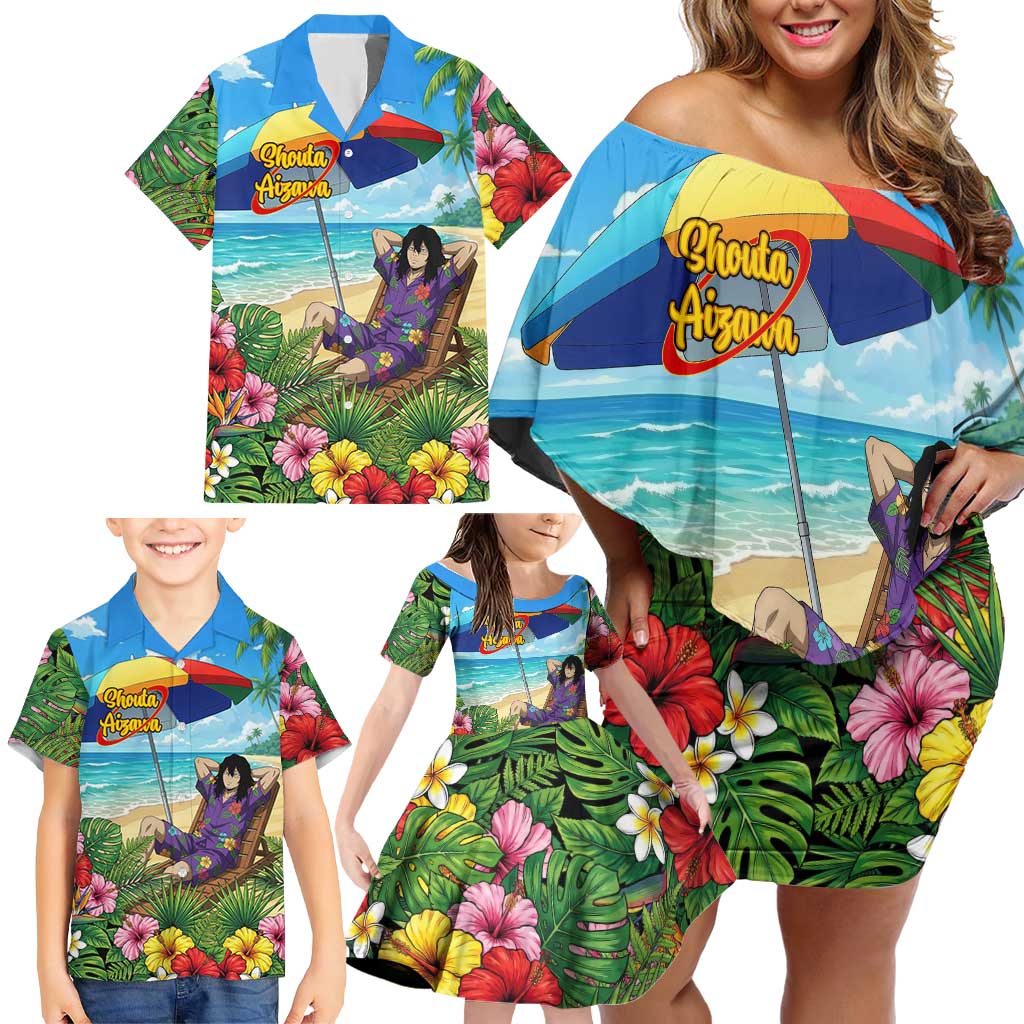 Shouta Aizawa Summer Chill Family Matching Off Shoulder Short Dress and Hawaiian Shirt Tropical Anime Relaxation Vibes