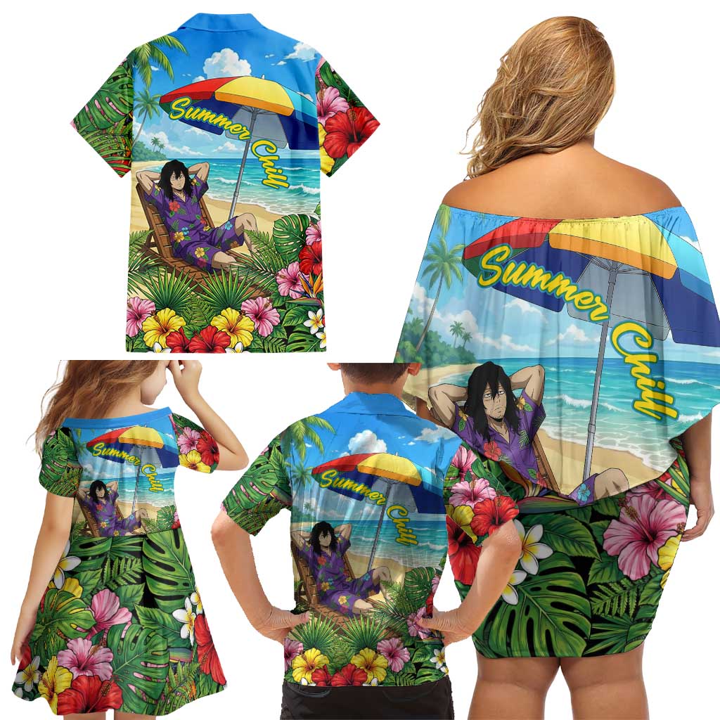 Shouta Aizawa Summer Chill Family Matching Off Shoulder Short Dress and Hawaiian Shirt Tropical Anime Relaxation Vibes