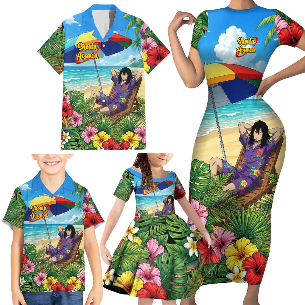 Shouta Aizawa Summer Chill Family Matching Short Sleeve Bodycon Dress and Hawaiian Shirt Tropical Anime Relaxation Vibes