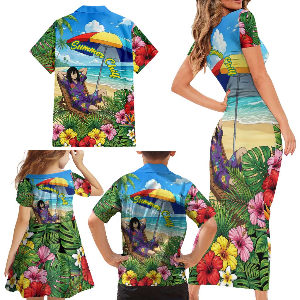 Shouta Aizawa Summer Chill Family Matching Short Sleeve Bodycon Dress and Hawaiian Shirt Tropical Anime Relaxation Vibes