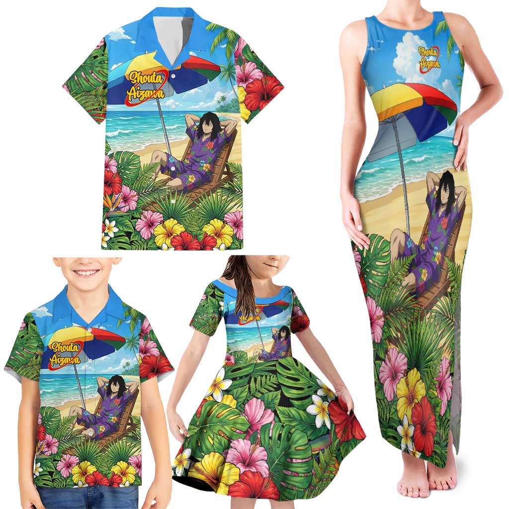 Shouta Aizawa Summer Chill Family Matching Tank Maxi Dress and Hawaiian Shirt Tropical Anime Relaxation Vibes