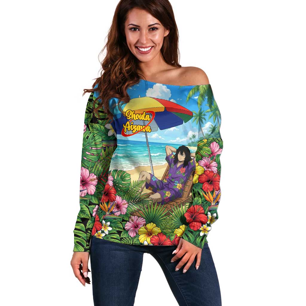 Shouta Aizawa Summer Chill Off Shoulder Sweater Tropical Anime Relaxation Vibes