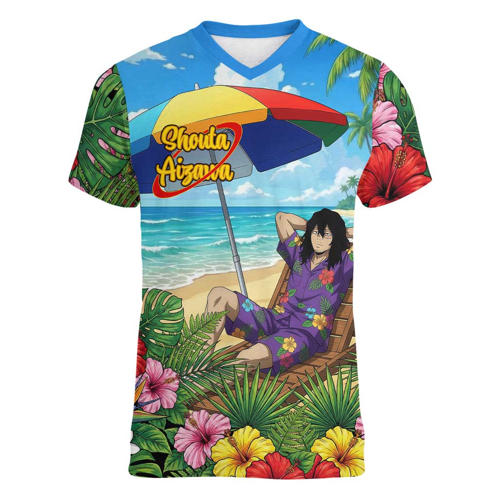 Shouta Aizawa Summer Chill Women V-Neck T-Shirt Tropical Anime Relaxation Vibes