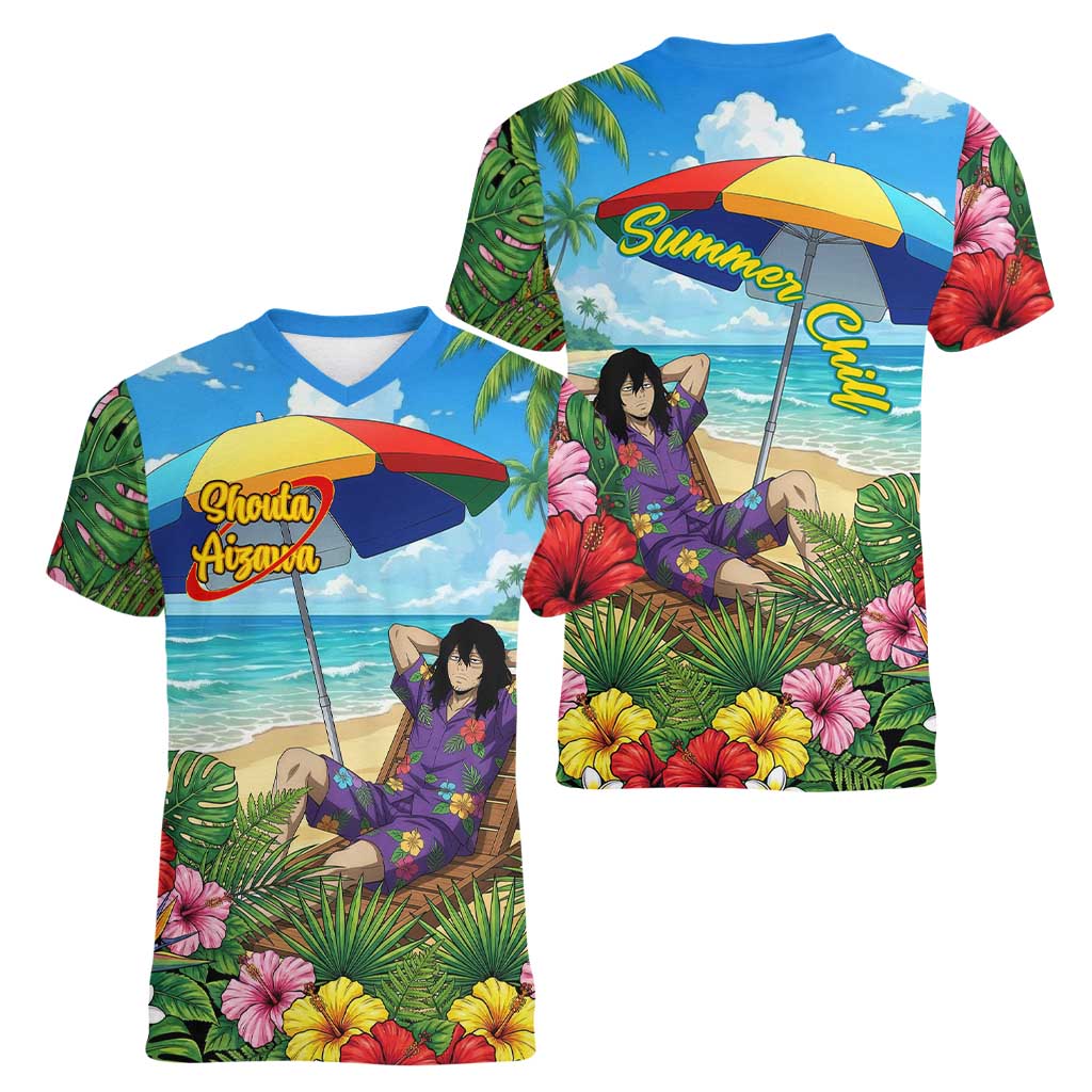 Shouta Aizawa Summer Chill Women V-Neck T-Shirt Tropical Anime Relaxation Vibes