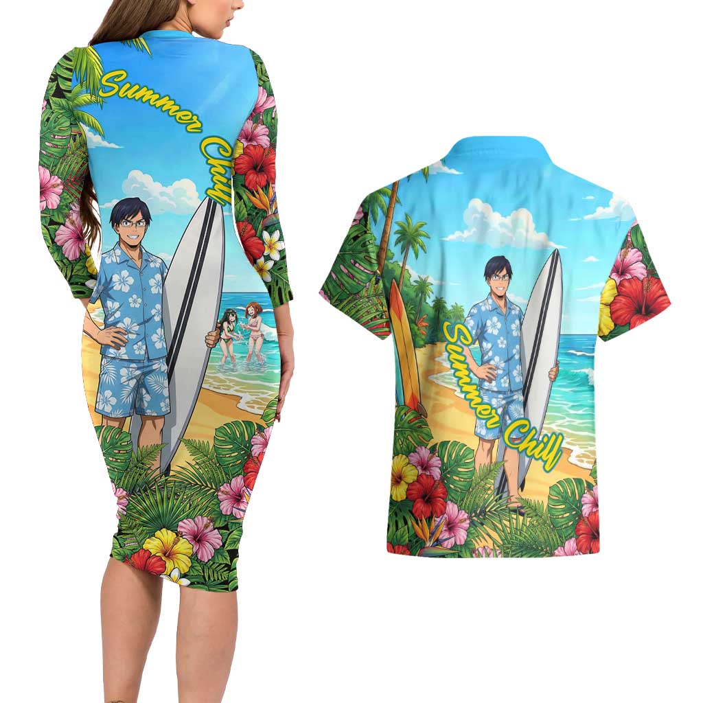 Tenya Iida Summer Chill Couples Matching Long Sleeve Bodycon Dress and Hawaiian Shirt Tropical Anime Surf Escape
