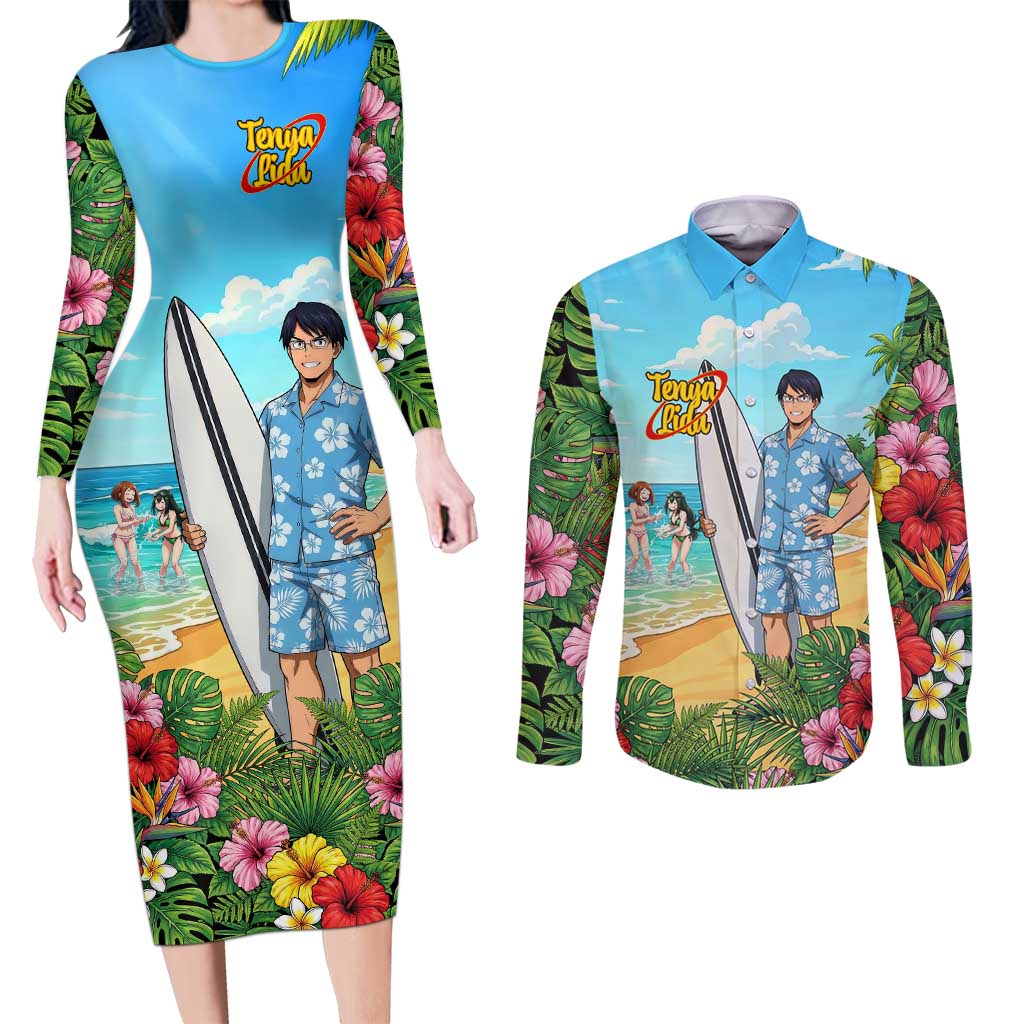 Tenya Iida Summer Chill Couples Matching Long Sleeve Bodycon Dress and Long Sleeve Button Shirt Tropical Anime Surf Escape