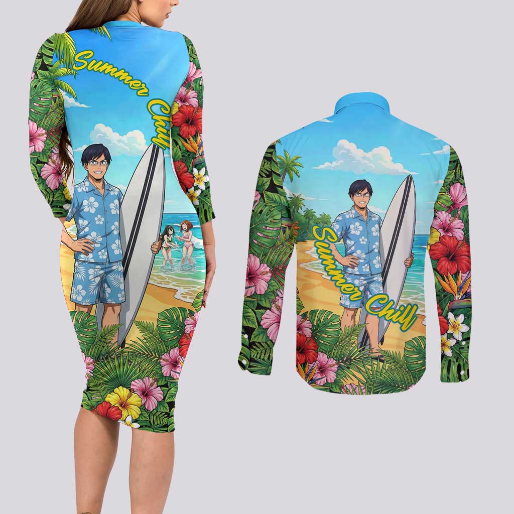Tenya Iida Summer Chill Couples Matching Long Sleeve Bodycon Dress and Long Sleeve Button Shirt Tropical Anime Surf Escape