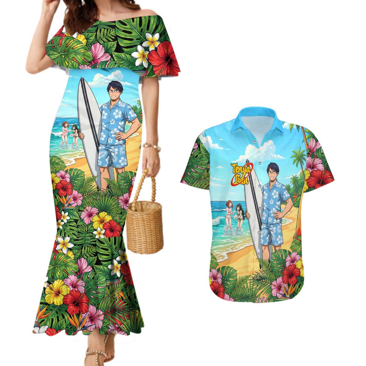 Tenya Iida Summer Chill Couples Matching Mermaid Dress and Hawaiian Shirt Tropical Anime Surf Escape
