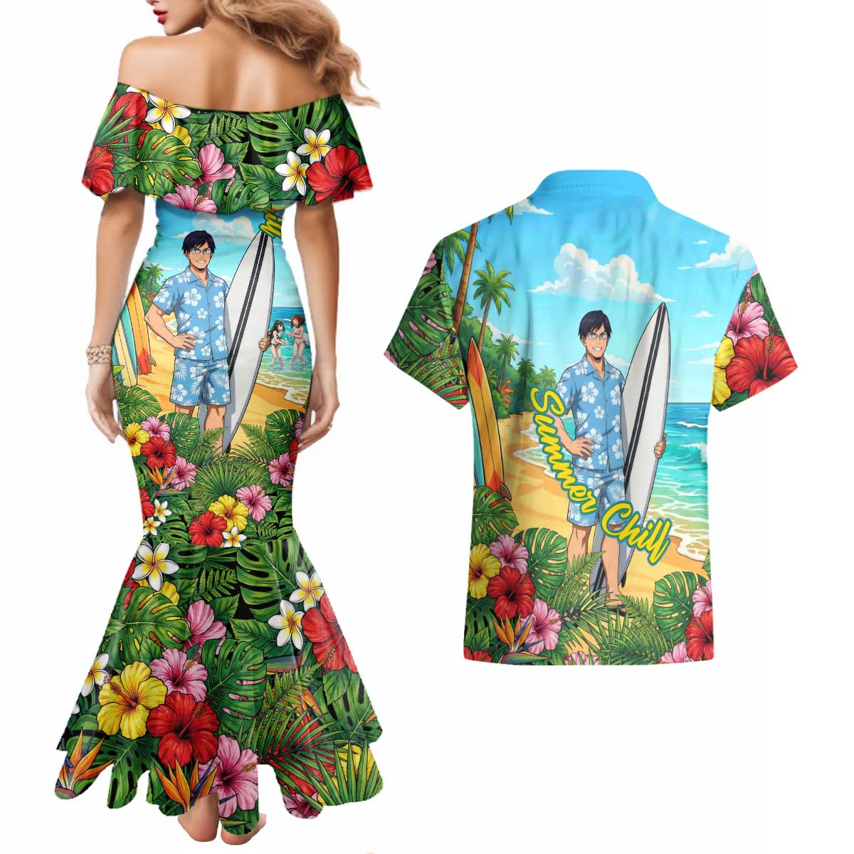 Tenya Iida Summer Chill Couples Matching Mermaid Dress and Hawaiian Shirt Tropical Anime Surf Escape